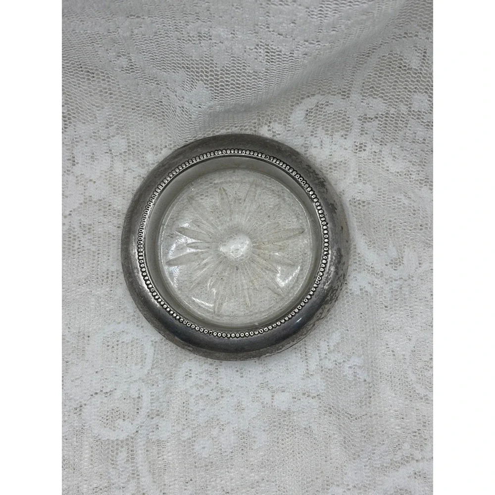 Frank M Whiting Sterling Silver Glass Coaster Starburst Beaded Rim Vintage 05